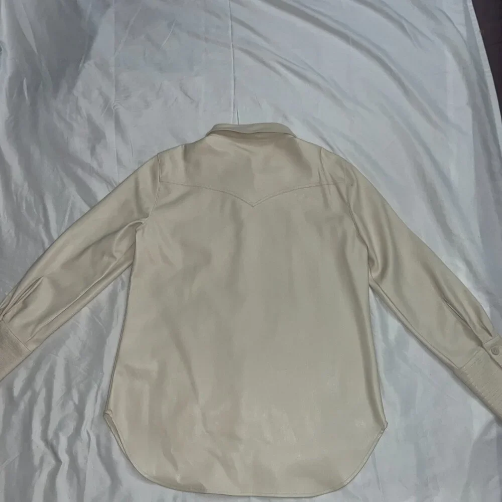 Faux Leather Button-Up Shirt Oatmeal /Cream Small - Picture 5 of 7